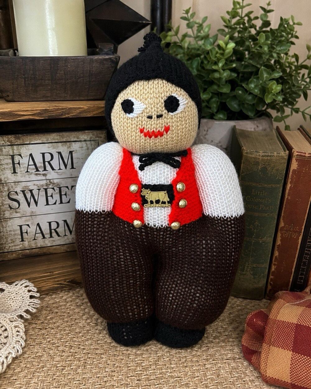 Unique Handmade Crochet Folk Art Doll Red Vest Cow Belt 14” Plush Soft Figure